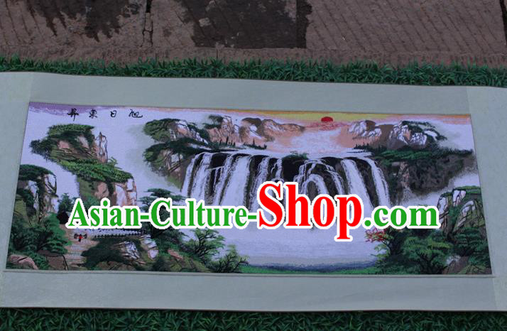 Traditional Chinese Miao Nationality Minority Crafts Hmong Xiangxi Embroidery Decorative Paintings, Embroidery Sunrise Scenery Scroll Painting for Friends