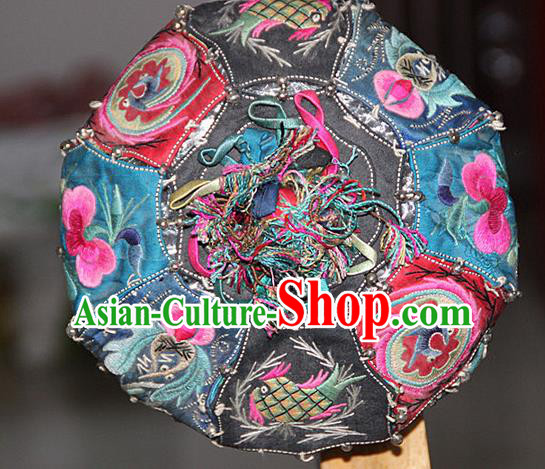 Traditional Chinese Miao Nationality Crafts Hmong Handmade Children Embroidery Flowers Blue Tiger Headwear, Miao Ethnic Minority Exorcise Evil Tiger Hat for Kids