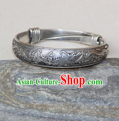 Traditional Chinese Miao Ethnic Minority Miao Silver Double Chinese Dragon Bracelet, Hmong Handmade Bracelet Jewelry Accessories for Women