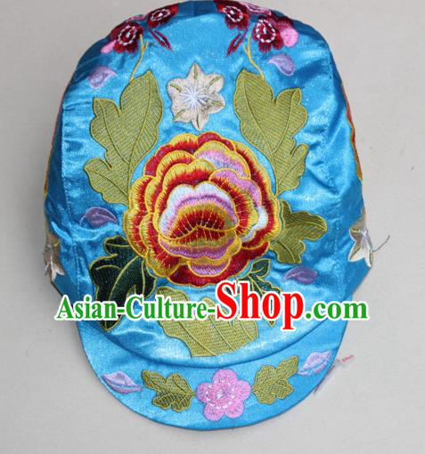 Traditional Chinese Miao Ethnic Minority Satin Cloth Embroidery Phoenix Cap, Hmong Handmade Peak Cap for Women