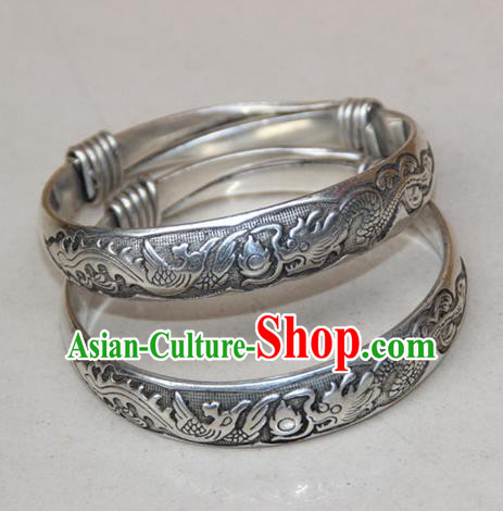 Traditional Chinese Miao Ethnic Minority Miao Silver Chinese Dragon Bracelet, Hmong Handmade Bracelet Jewelry Accessories for Women