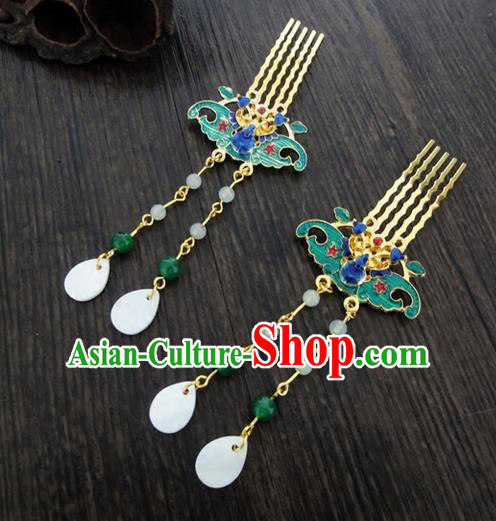 Traditional Handmade Chinese Ancient Classical Hair Accessories Barrettes Lotus Hairpin, Blueing Shell Tassel Headdress Hair Jewellery, Hair Fascinators Hairpins for Women