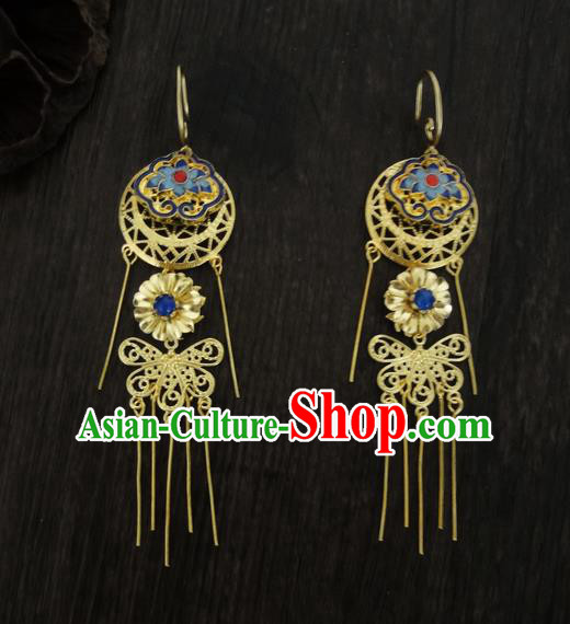 Traditional Handmade Chinese Ancient Classical Imperial Emperess Wedding Blueing Tassel Earrings for Women