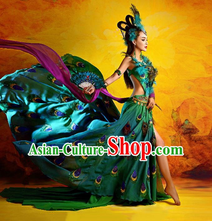 Traditional Ancient Indian Palace Sari Peacock Costumes, Indian Young Lady Belly Dance Dress for Women
