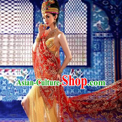Traditional Ancient Indian Palace Sari Red Costumes, Indian Young Lady Belly Dance Dress for Women
