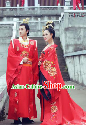 Traditional Ancient Chinese Imperial Emperess and Emperor Costume Complete Set, Chinese Tang Dynasty Emperess Wedding Red Dress, Chinese Emperess Emperor Embroidered Phoenix and Dragon Trailing Clothing for Women for Men