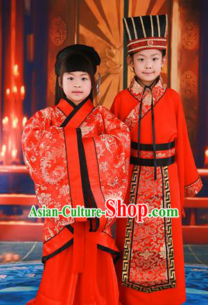 Traditional Ancient Chinese Imperial Emperess and Emperor Costume Complete Set, Chinese Tang Dynasty Emperess Wedding Red Dress, Chinese Emperess Emperor Embroidered Phoenix and Dragon Trailing Clothing for Kids