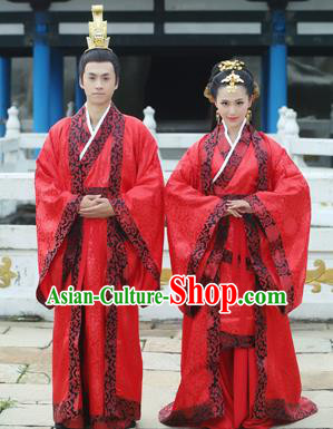 Traditional Ancient Chinese Imperial Emperess and Emperor Costume Complete Set, Chinese Han Dynasty Bride and Bridegroom Wedding Red Dress, Chinese Emperess Emperor Embroidered Phoenix and Dragon Trailing Clothing for Women for Men