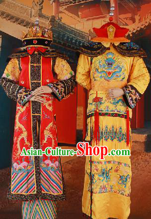 Traditional Ancient Chinese Imperial Emperess and Emperor Costume Complete Set, Chinese Qing Dynasty Emperess Wedding Dress, Chinese Manchu Emperess Emperor Embroidered Phoenix and Dragon Clothing for Women for Men