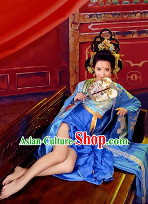 Traditional Ancient Chinese Imperial Emperess Costume, Chinese Tang Dynasty Dance Dress, Chinese Peri Imperial Princess Blue Hanfu Clothing for Women