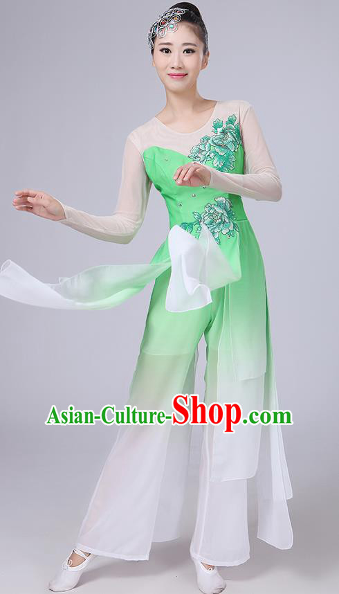 Traditional Chinese Yangge Fan Dancing Costume, Folk Dance Yangko Uniforms, Classic Umbrella Dance Elegant Dress Drum Dance Peony Green Clothing for Women