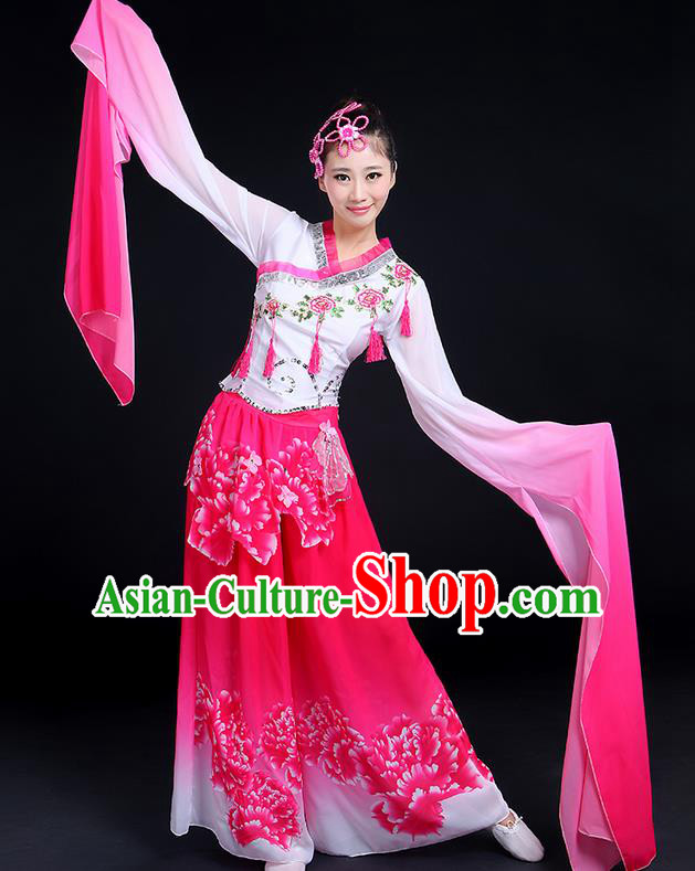 Traditional Chinese Yangge Fan Dancing Costume, Folk Dance Yangko Gradient Water Sleeve Tassel Uniforms, Classic Umbrella Dance Elegant Dress Drum Dance Clothing for Women