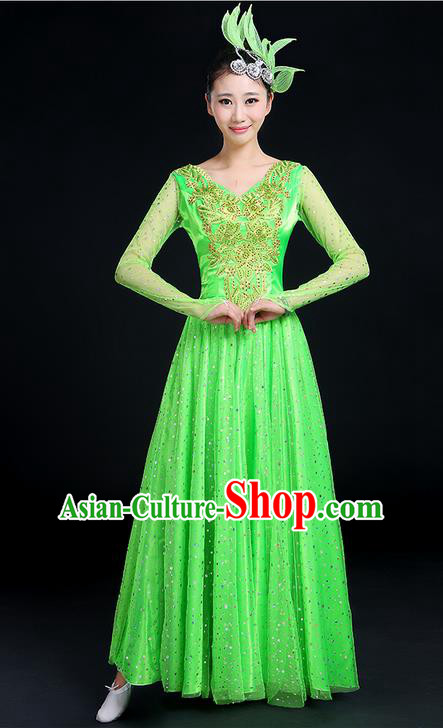 Traditional Chinese Modern Dancing Compere Costume, Women Opening Classic Dance Chorus Singing Group Uniforms, Modern Dance Classic Dance Big Swing Green Dress for Women