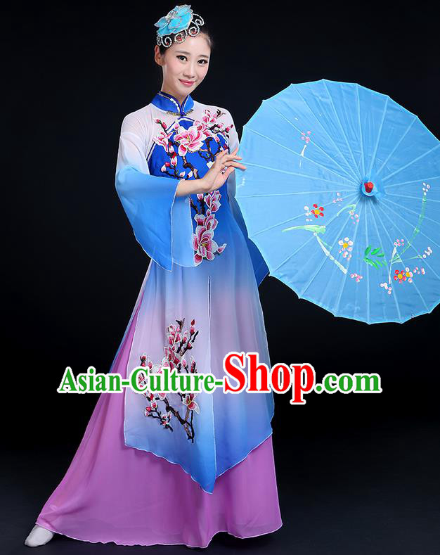 Traditional Chinese Yangge Fan Dancing Costume, Folk Dance Yangko Gradient Water Sleeve Embroider Plum Blossom Uniforms, Classic Umbrella Dance Elegant Dress Drum Dance Blue Clothing for Women