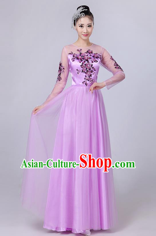 Traditional Chinese Modern Dancing Compere Costume, Women Opening Classic Dance Chorus Singing Group Bubble Embroidered Uniforms, Modern Dance Classic Dance Big Swing Purple Long Dress for Women