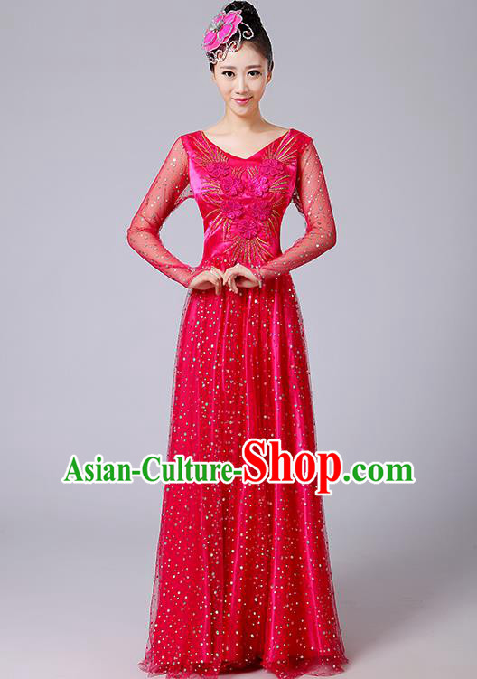 Traditional Chinese Modern Dancing Compere Costume, Women Opening Classic Dance Chorus Singing Group Bubble Uniforms, Modern Dance Classic Dance Big Swing Red Long Dress for Women