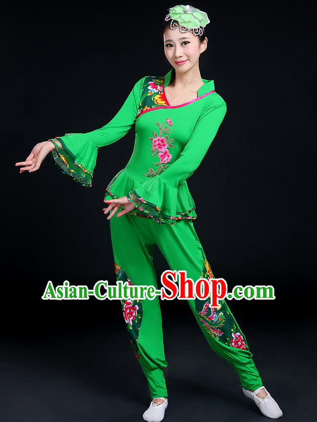Traditional Chinese Yangge Fan Dancing Costume, Folk Dance Yangko Mandarin Sleeve Embroidery Peony Blouse and Pants Uniforms, Classic Dance Elegant Dress Drum Dance Green Clothing for Women