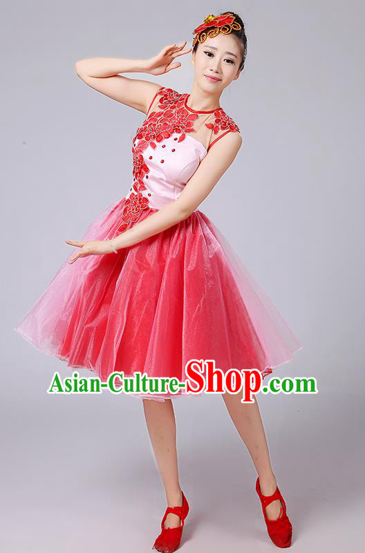 Traditional Chinese Modern Dancing Compere Costume, Women Opening Classic Dance Chorus Singing Group Embroidered Bubble Uniforms, Modern Dance Classic Dance Big Swing Purple Short Dress for Women