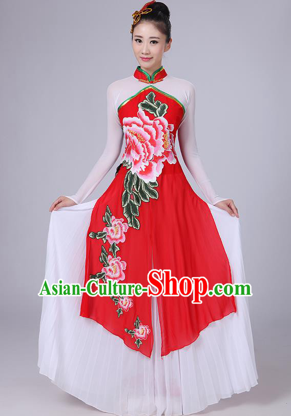 Traditional Chinese Yangge Fan Dancing Costume, Folk Dance Yangko Mandarin Collar Peony Painting Uniforms, Classic Dance Elegant Big Swing Dress Drum Dance Pink Clothing for Women