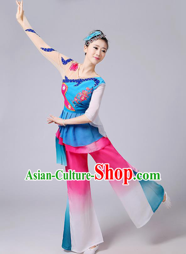 Traditional Chinese Yangge Fan Dancing Costume, Folk Dance Yangko Mandarin Sleeve Blouse and Pants Uniforms, Classic Dance Elegant Dress Drum Dance Blue Clothing for Women