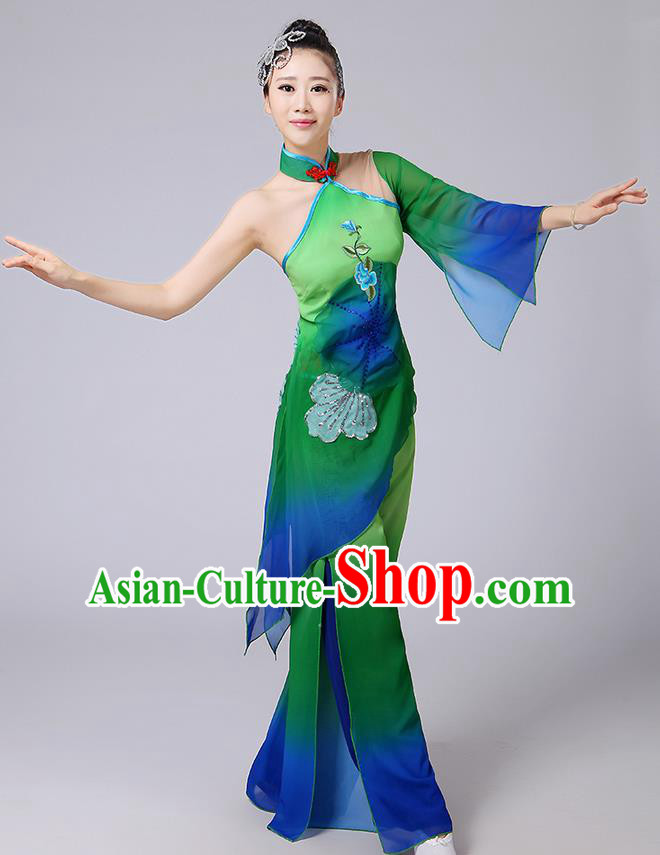 Traditional Chinese Yangge Fan Dancing Costume, Folk Dance Yangko Mandarin Sleeve Blouse and Pants Uniforms, Classic Dance Elegant Dress Drum Dance Green Clothing for Women