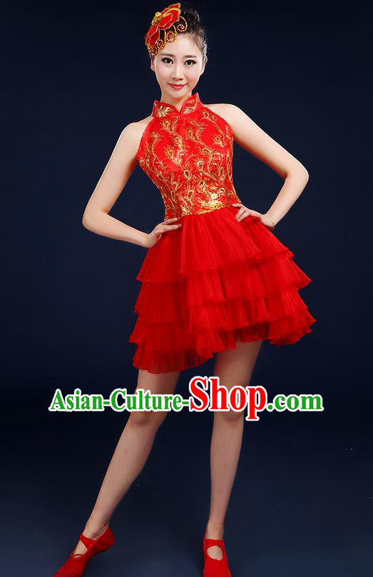 Traditional Chinese Modern Dancing Compere Costume, Women Opening Classic Dance Chorus Singing Group Bubble Uniforms, Modern Dance Classic Dance Big Swing Red Short Dress for Women