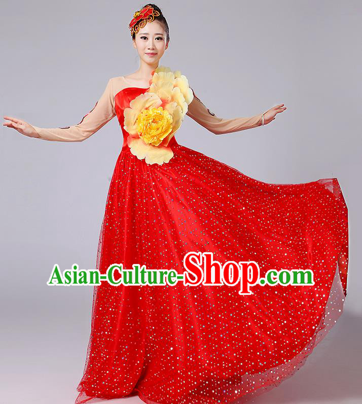 Traditional Chinese Modern Dancing Compere Costume, Women Opening Classic Dance Chorus Singing Group Bubble Peony Uniforms, Modern Dance Classic Dance Big Swing Red Long Dress for Women