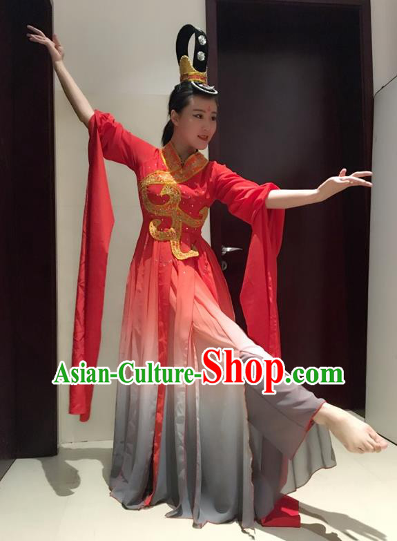 Traditional Chinese Ancient Yangge Fan Dancing Costume, Folk Dance Long Water Sleeve Uniforms, Tang Dynasty Classic Flying Dance Elegant Fairy Dress Drum Palace Lady Dance Clothing for Women