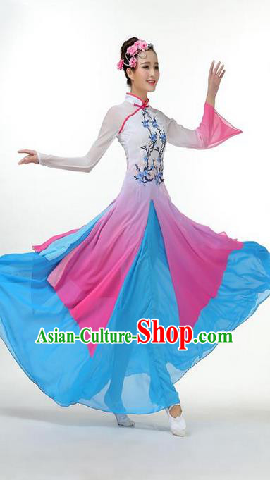 Traditional Chinese Yangge Fan Dancing Costume, Folk Dance Yangko Mandarin Collar Plum Blossom Painting Uniforms, Classic Dance Elegant Big Swing Dress Drum Dance Pink Clothing for Women