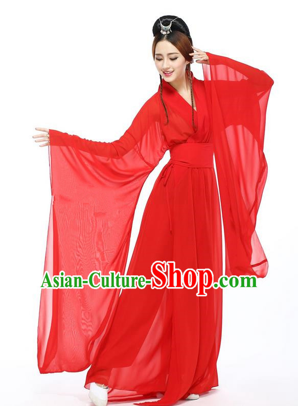 Traditional Chinese Ancient Yangge Fan Dancing Costume, Folk Dance Long Wide Sleeve Uniforms, Classic Flying Dance Elegant Fairy Dress Drum Palace Lady Dance Red Clothing for Women