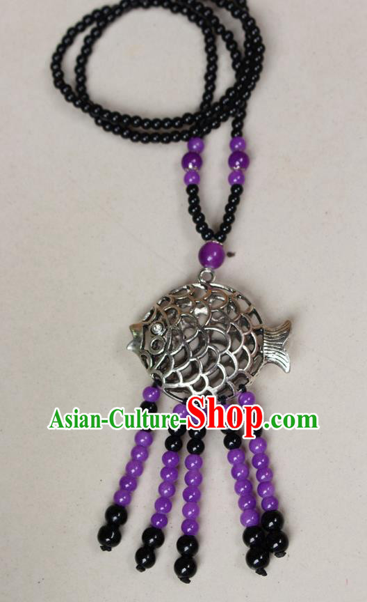 Traditional Chinese Miao Nationality Crafts Jewelry Accessory, Hmong Handmade Miao Silver Fish Beads Tassel Pendant, Miao Ethnic Minority Necklace Accessories Sweater Chain Pendant for Women