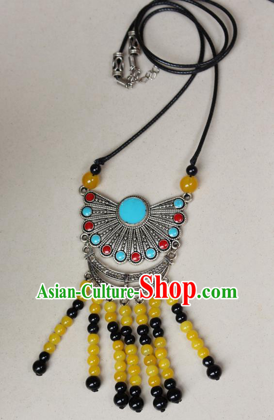 Traditional Chinese Miao Nationality Crafts Jewelry Accessory, Hmong Handmade Miao Silver Beads Tassel Pendant, Miao Ethnic Minority Black Rope Necklace Accessories Sweater Chain Pendant for Women