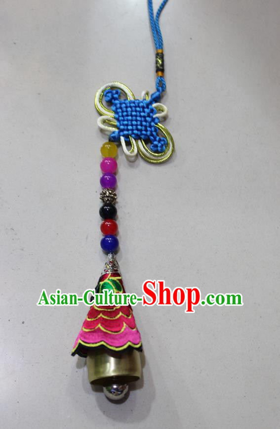 Traditional Chinese Miao Nationality Crafts Jewelry Accessory, Hmong Handmade Copper Bell Tassel Chinese Knot Embroidery Pendant, Miao Ethnic Minority Haven Evil Bell Car Accessories Pendant