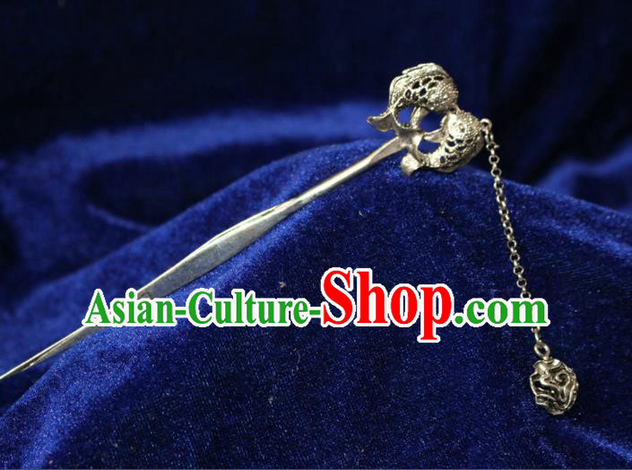 Traditional Chinese Miao Nationality Crafts Jewelry Accessory Classical Hair Accessories, Hmong Handmade Miao Silver Fish Palace Lady Tassel Hair Sticks Hair Claw, Miao Ethnic Minority Hair Fascinators Hairpins for Women