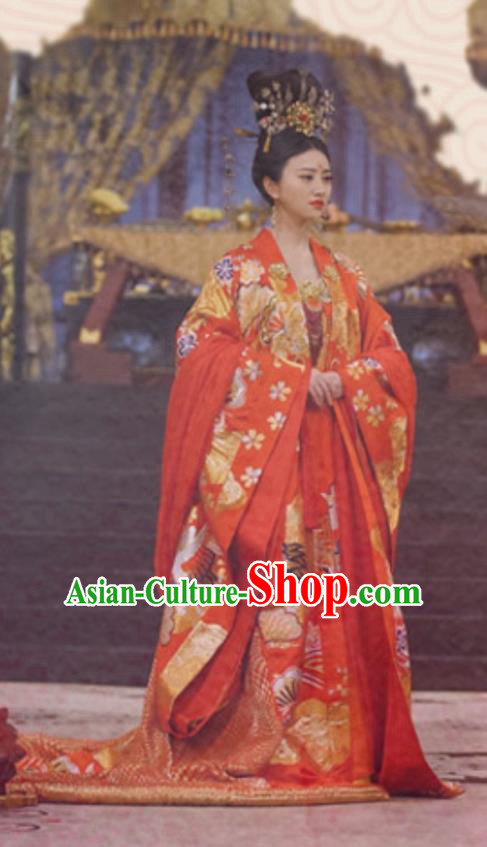 Traditional Ancient Chinese Imperial Empress Wedding Costume, Elegant Hanfu Palace Lady Queen Red Dress, Chinese Tang Dynasty Imperial Empress Tailing Embroidered Phoenix Clothing for Women