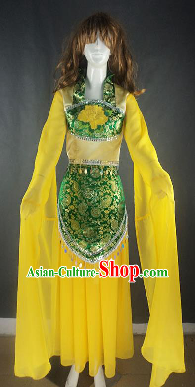 Traditional Chinese Ancient Yangge Fan Dancing Costume, Folk Dance Water Sleeve Uniforms, Classic Tang Dynasty Flying Dance Elegant Fairy Dress Drum Palace Dance Yellow Clothing for Women