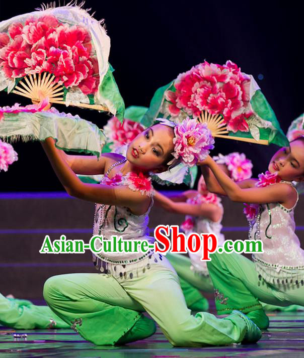 Traditional Chinese Yangge Fan Dancing Costume, Folk Dance Yangko Uniforms, Classic Lotus Dance Elegant Dress Drum Dance Clothing for Kids