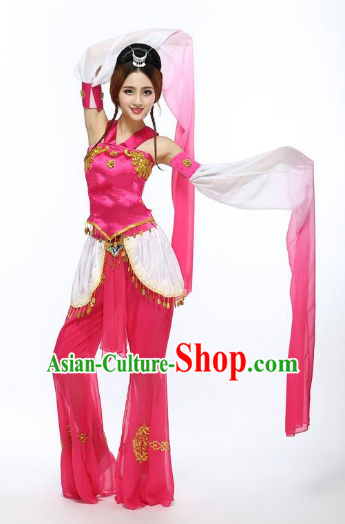 Traditional Chinese Ancient Yangge Fan Dancing Costume, Folk Dance Water Sleeve Uniforms, Classic Ancient Chang e Flying Moon Dance Elegant Fairy Dress Drum Palace Dance Red Clothing for Women