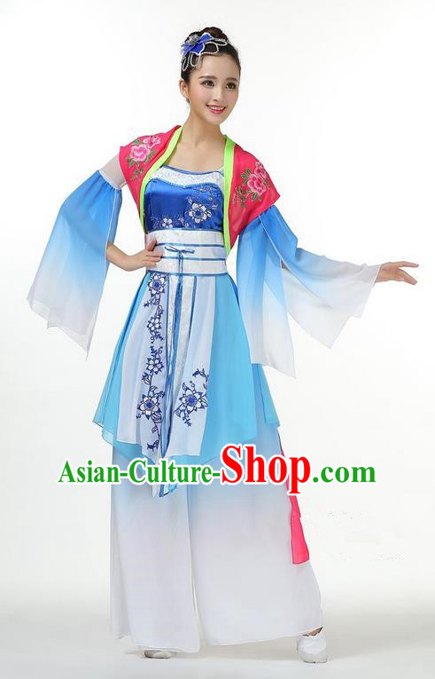 Traditional Chinese Yangge Fan Dancing Costume, Folk Dance Yangko Mandarin Sleeve Dress Blue and White Porcelain Uniforms, Classic Umbrella Dance Elegant Dress Drum Dance Clothing for Women