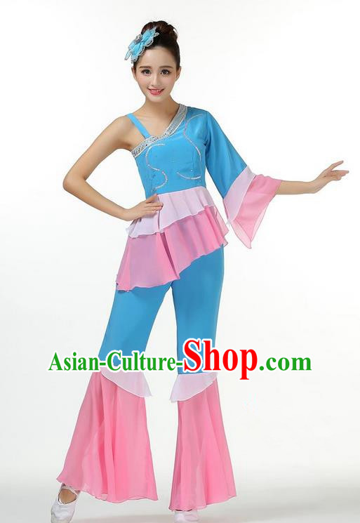 Traditional Chinese Yangge Fan Dancing Costume, Folk Dance Yangko Mandarin Sleeve Blouse and Pants Uniforms, Classic Umbrella Dance Elegant Dress Drum Dance Blue Clothing for Women