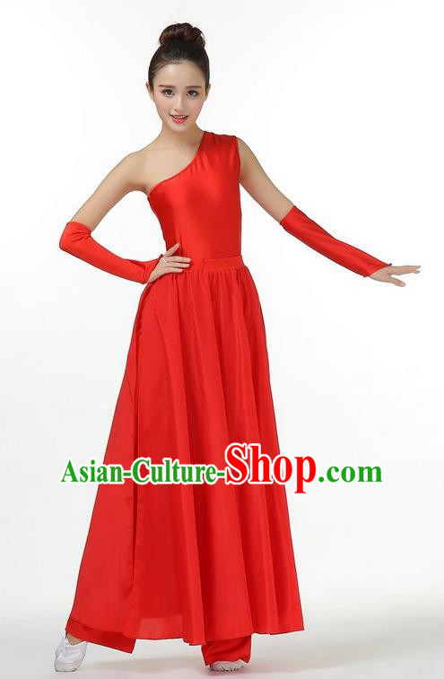 Traditional Modern Dancing Costume, Opening Classic Chorus Singing Group Dance Red Single Shoulder Dress, Modern Dance Classic Ballet Dance Latin Dance Dress for Women
