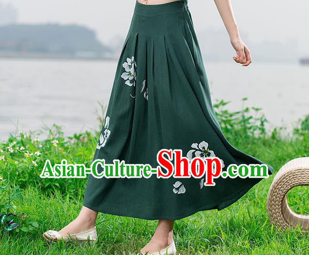 Traditional Ancient Chinese National Skirt Costume, Elegant Hanfu Painting Peony Long Dress, China Tang Suit Cotton Green Bust Skirt for Women