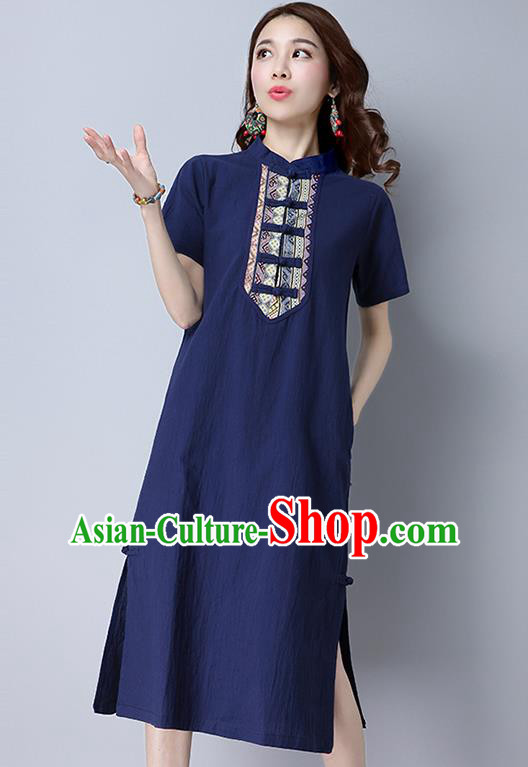Traditional Ancient Chinese National Costume, Elegant Hanfu Stand Collar Dress, China Tang Suit Mandarin Collar Cheongsam Upper Outer Garment Blue Dress Clothing for Women