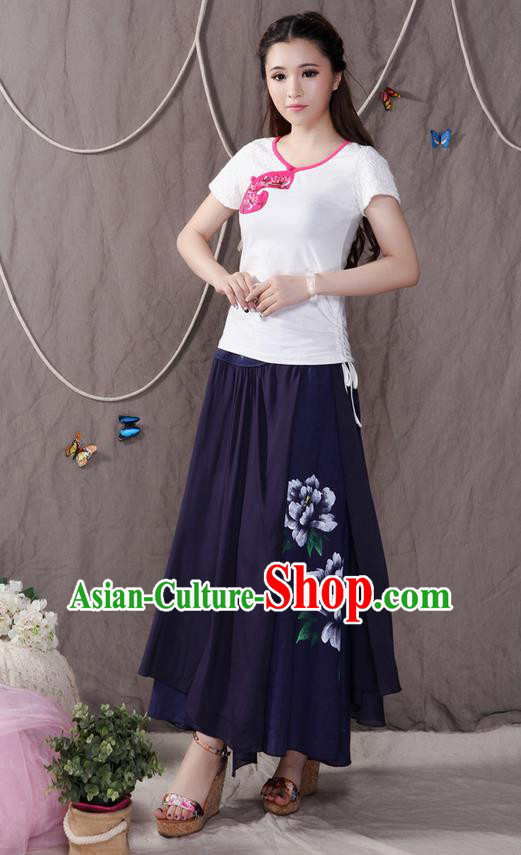 Traditional Ancient Chinese National Pleated Skirt Costume, Elegant Hanfu Printing Peony Big Swing Long Dress, China Tang Suit Cotton Navy Bust Skirt for Women