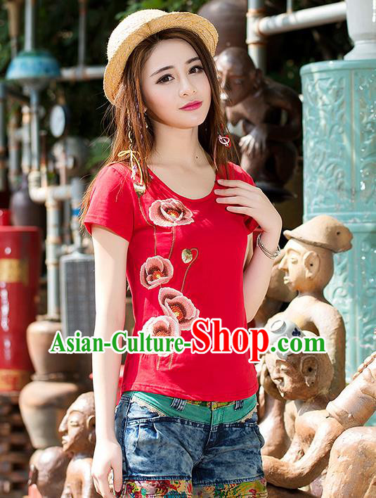 Traditional Ancient Chinese National Costume, Elegant Hanfu T-Shirt, China Tang Suit Red Embroidered Blouse Cheongsam Upper Outer Garment Shirt Clothing for Women
