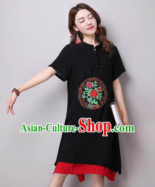 Traditional Ancient Chinese National Costume, Elegant Hanfu Stand Collar Embroidered Flax Dress, China Tang Suit Mandarin Collar Cheongsam Upper Outer Garment Black Dress Clothing for Women