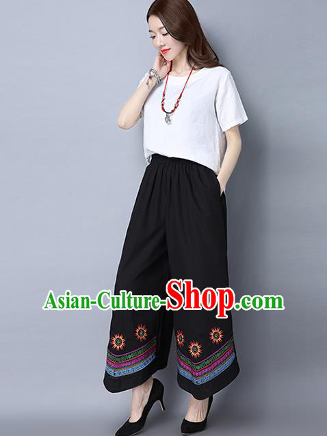 Traditional Ancient Chinese National Costume Loose Pants, Elegant Hanfu Pants, China Tang Suit Linen Black Embroidered Wide Leg Pants for Women