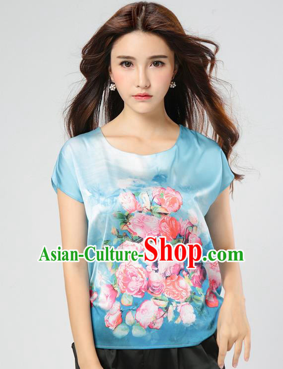 Traditional Ancient Chinese National Costume, Elegant Hanfu Mulberry Silk Shirt, China Tang Suit Silk Printing Flowers Blue Blouse Cheongsam Upper Outer Garment Qipao Shirt Clothing for Women
