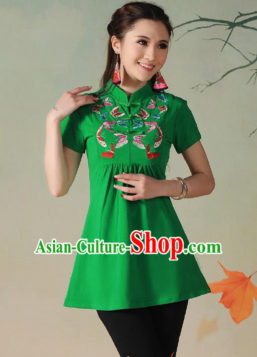 Traditional Ancient Chinese National Costume, Elegant Hanfu Embroidered Butterfly Stand Collar T-Shirt, China Tang Suit Green Blouse Cheongsam Upper Outer Garment Qipao Shirts Clothing for Women