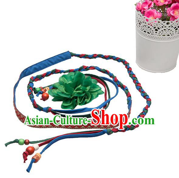 Traditional Chinese National Crafts Female Waistband, Handmade Green Flowers Embroidery Belt Accessories Pendant for Women